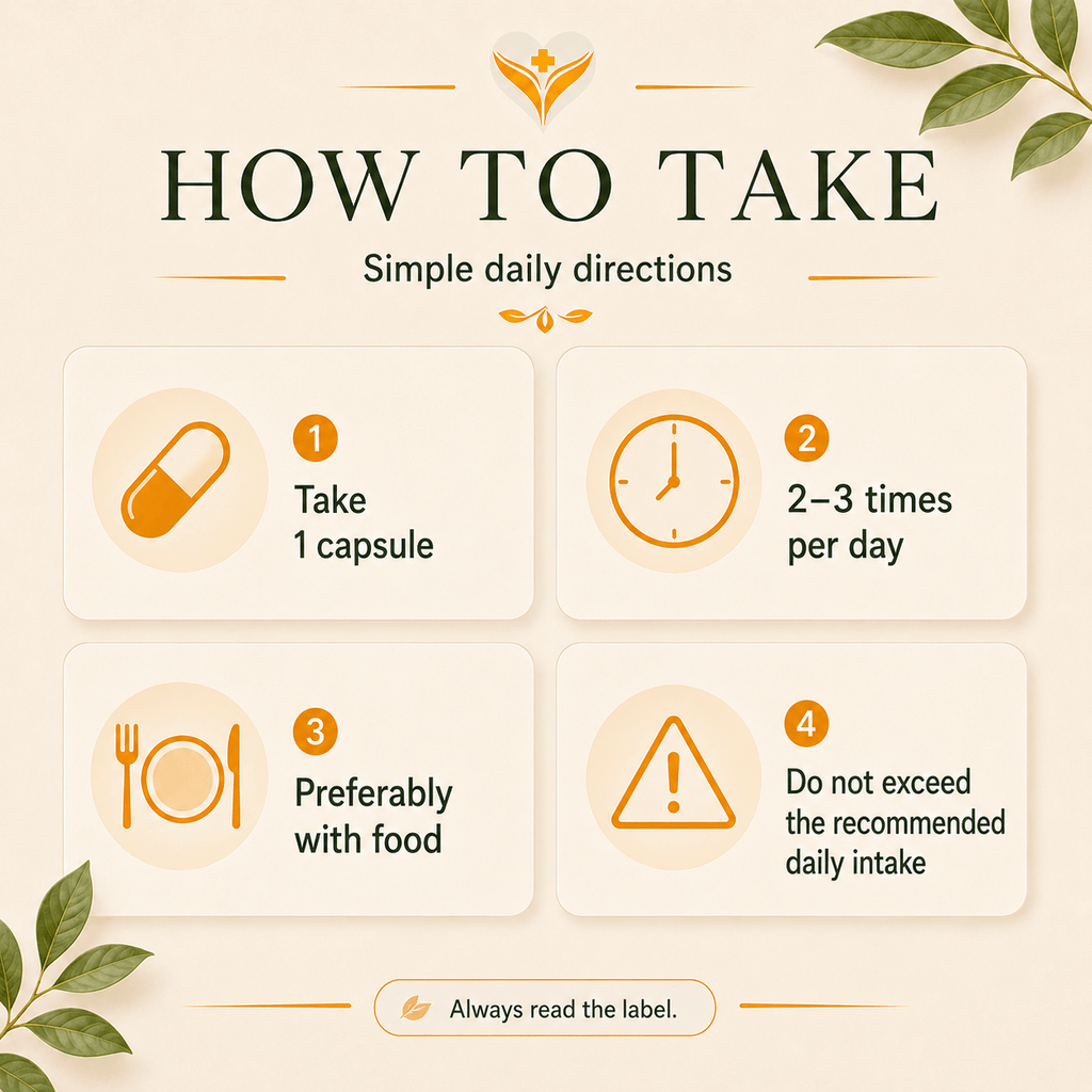 How to take Glucosamine & Turmeric Complex, one to two capsules daily with water