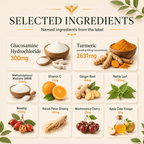 Selected ingredients in Glucosamine & Turmeric Complex including glucosamine, MSM, turmeric, black pepper and vitamin C