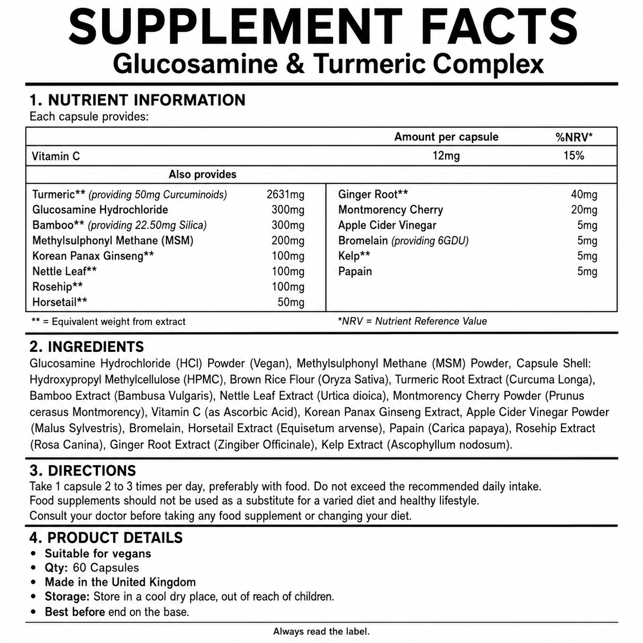 Glucosamine & Turmeric Complex supplement facts and ingredients panel