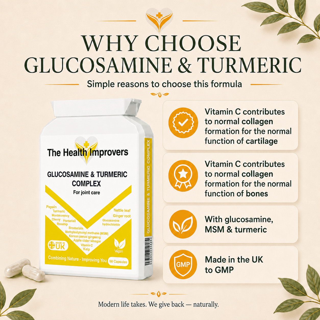 Why choose Glucosamine & Turmeric Complex, vitamin C contributes to normal collagen formation for the normal function of cartilage and bones, with glucosamine, MSM and turmeric