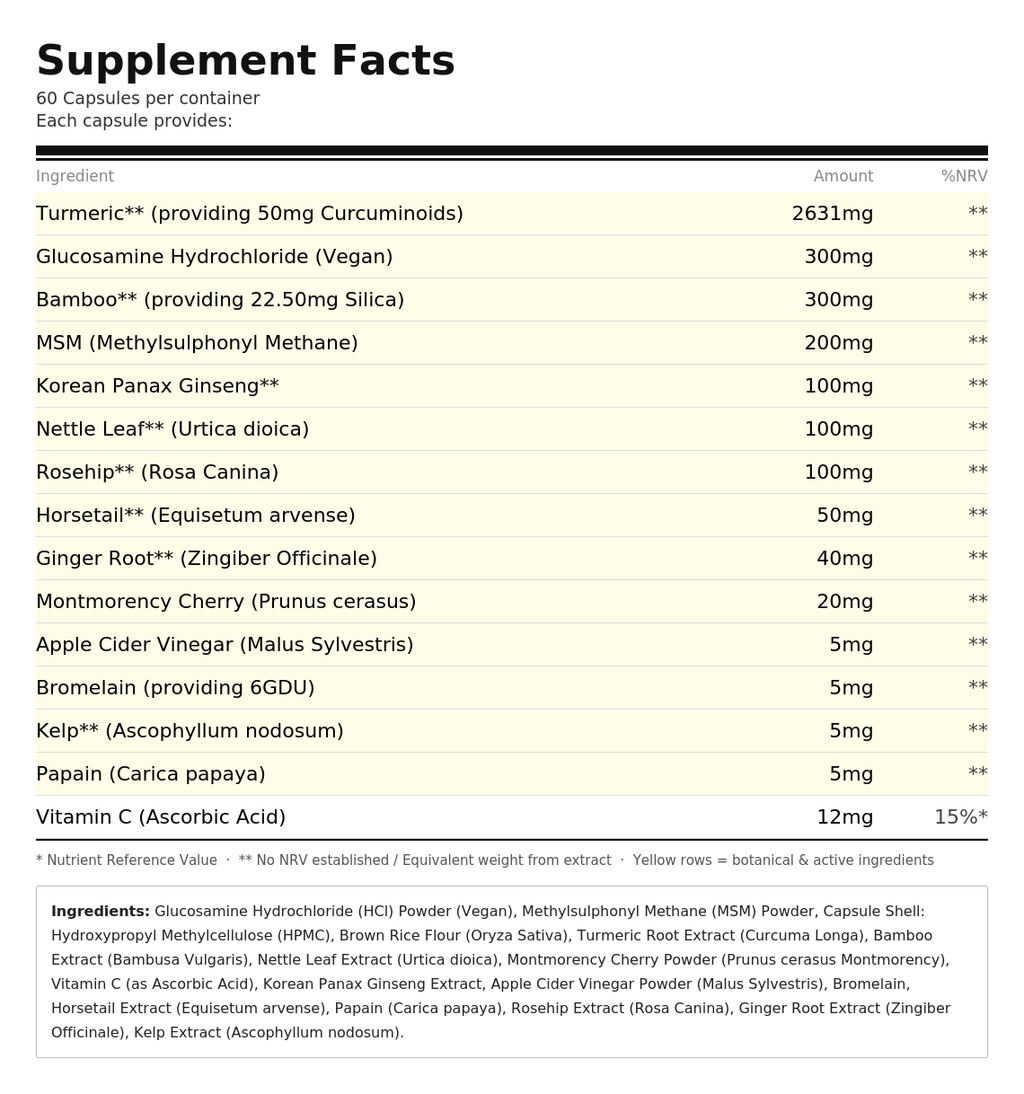 Glucosamine & Turmeric Complex - front of bottle - UK made vegan supplement
