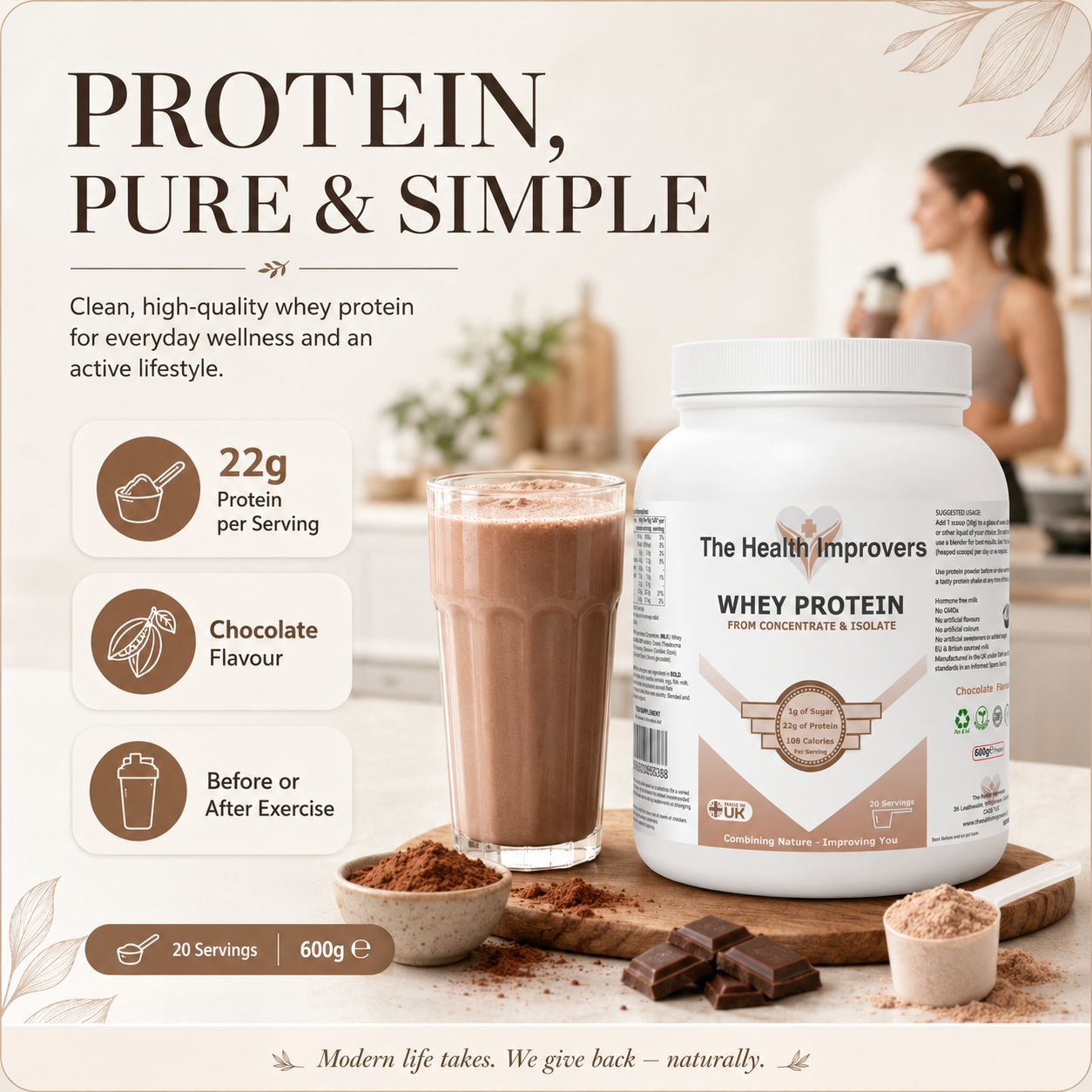 Grass-fed chocolate whey protein shake as part of an everyday routine