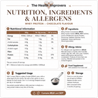 Grass-fed chocolate whey protein nutrition information, ingredients and allergens including milk and soy
