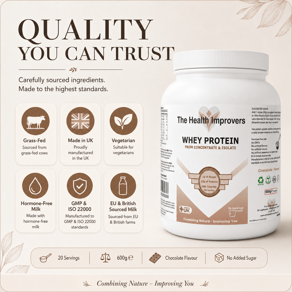 Grass-fed chocolate whey protein, UK-made to GMP and ISO 22000 with hormone-free milk