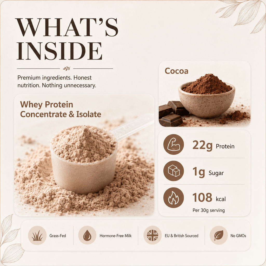 What's inside grass-fed chocolate whey protein, whey concentrate and isolate with 22g protein per serving