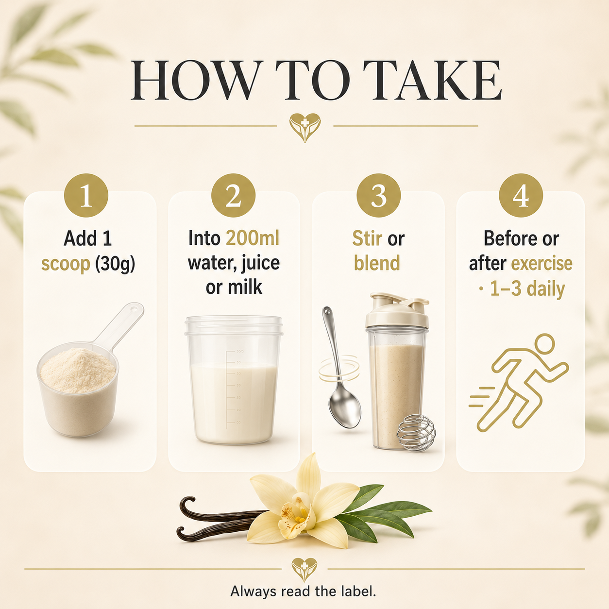 How to make a grass-fed vanilla whey protein shake, one scoop in water, juice or milk