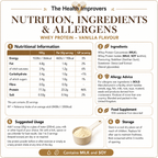 Grass-fed vanilla whey protein nutrition information, ingredients and allergens including milk and soy