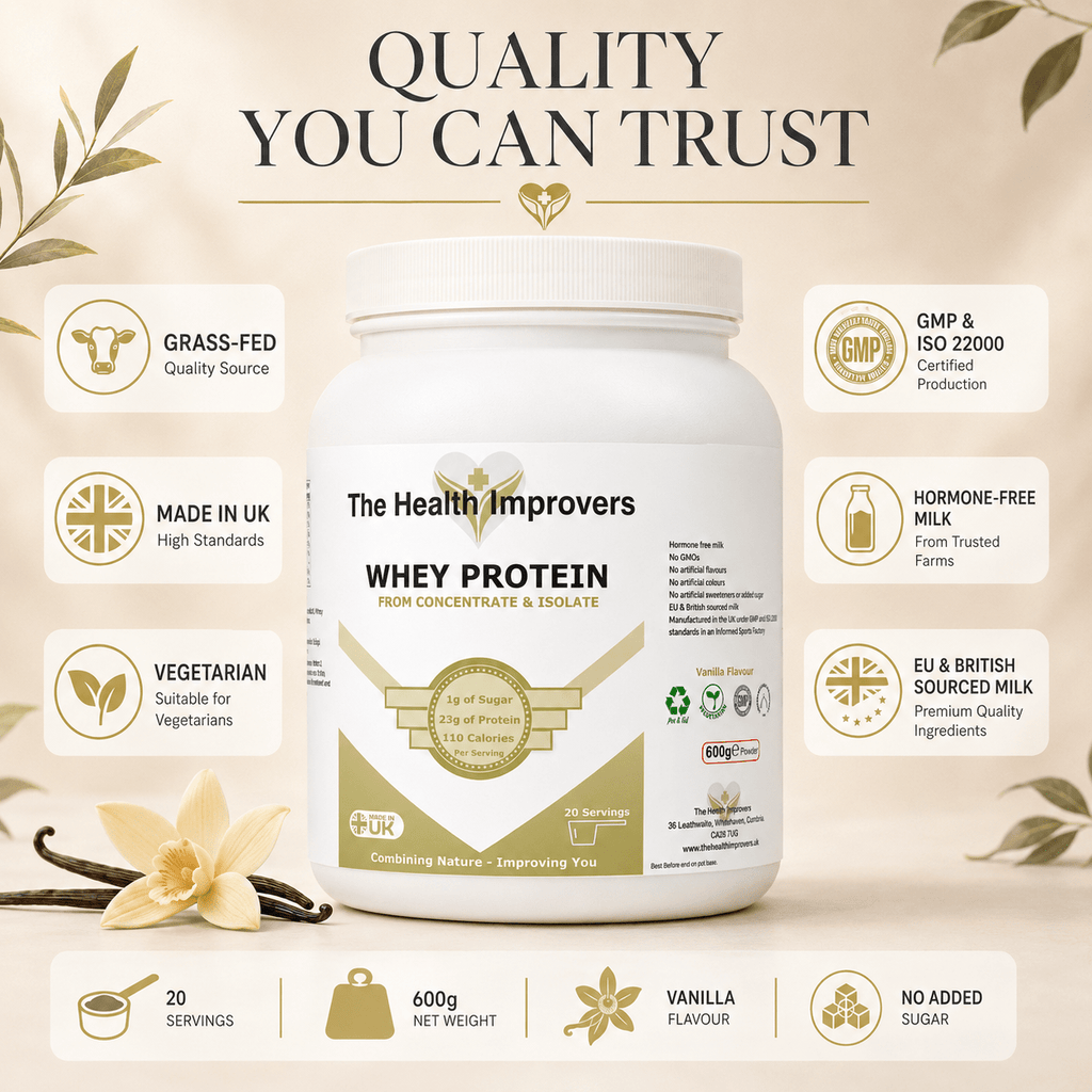 Grass-fed vanilla whey protein, UK-made to GMP and ISO 22000 with hormone-free milk