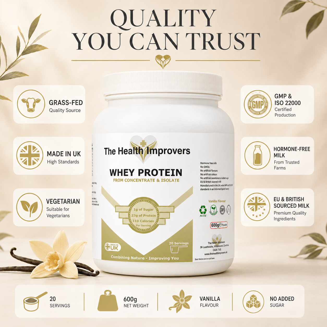 Grass-fed vanilla whey protein, UK-made to GMP and ISO 22000 with hormone-free milk