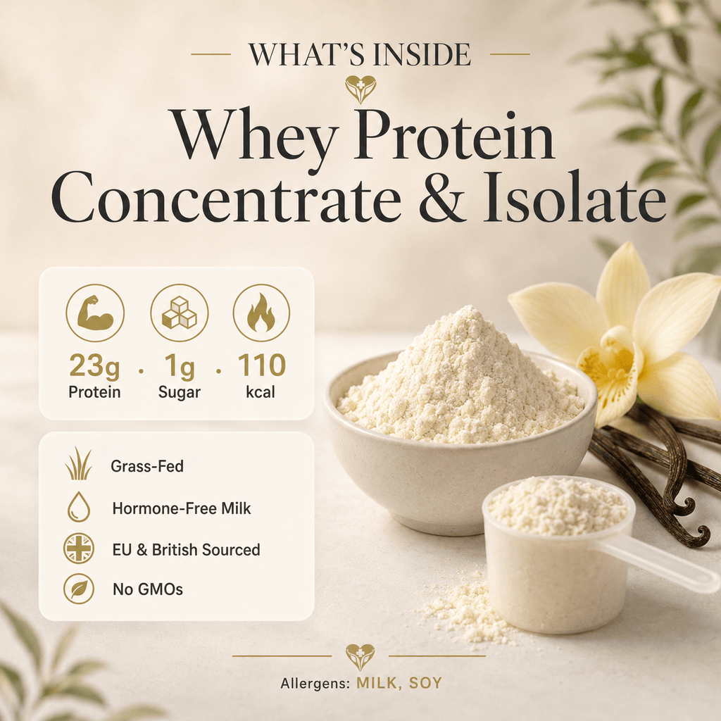 What's inside grass-fed vanilla whey protein, whey concentrate and isolate with 23g protein per serving