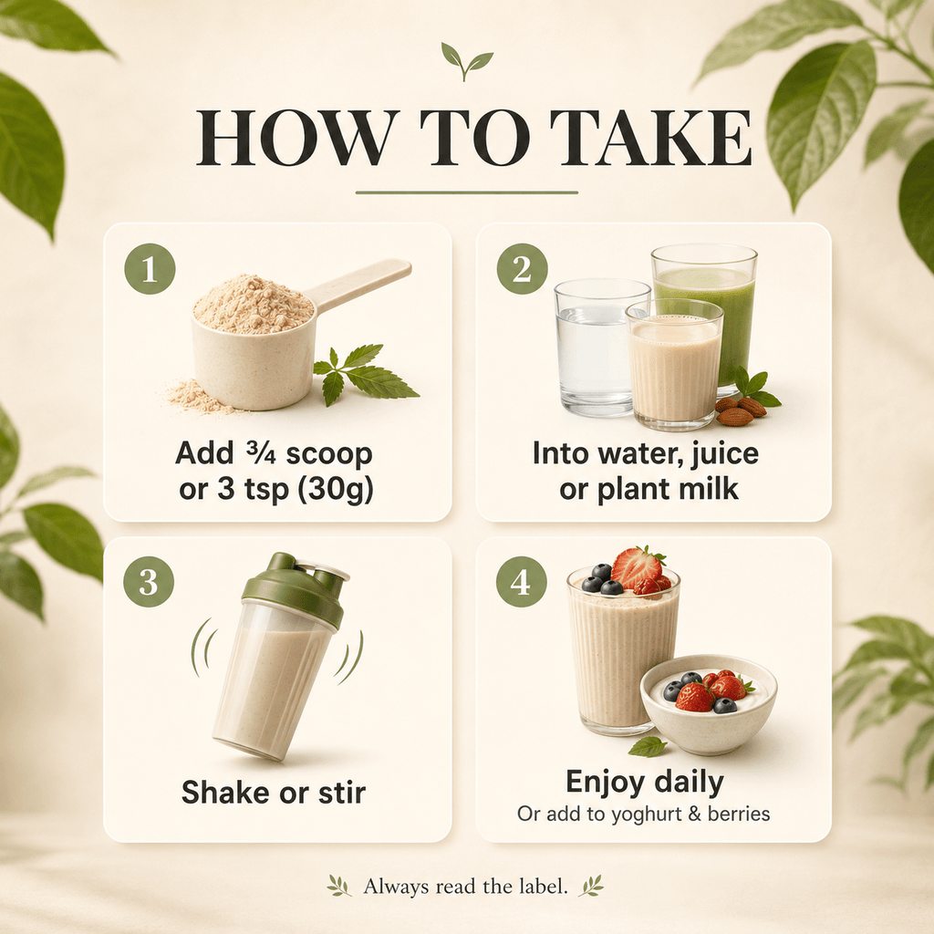 How to take Hemp Protein, add one to two scoops to water, juice or a plant-based drink
