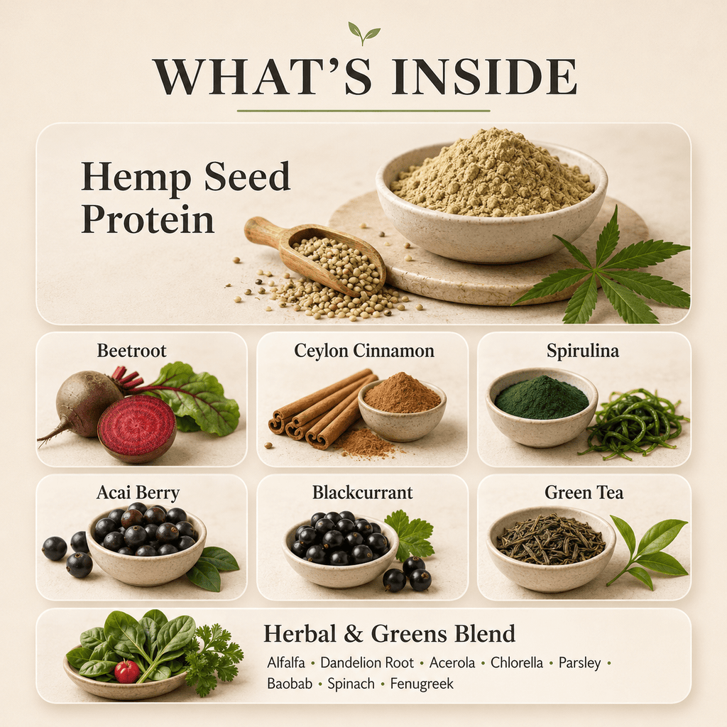 What is inside Hemp Protein, hemp seed protein with a superfood and fibre blend