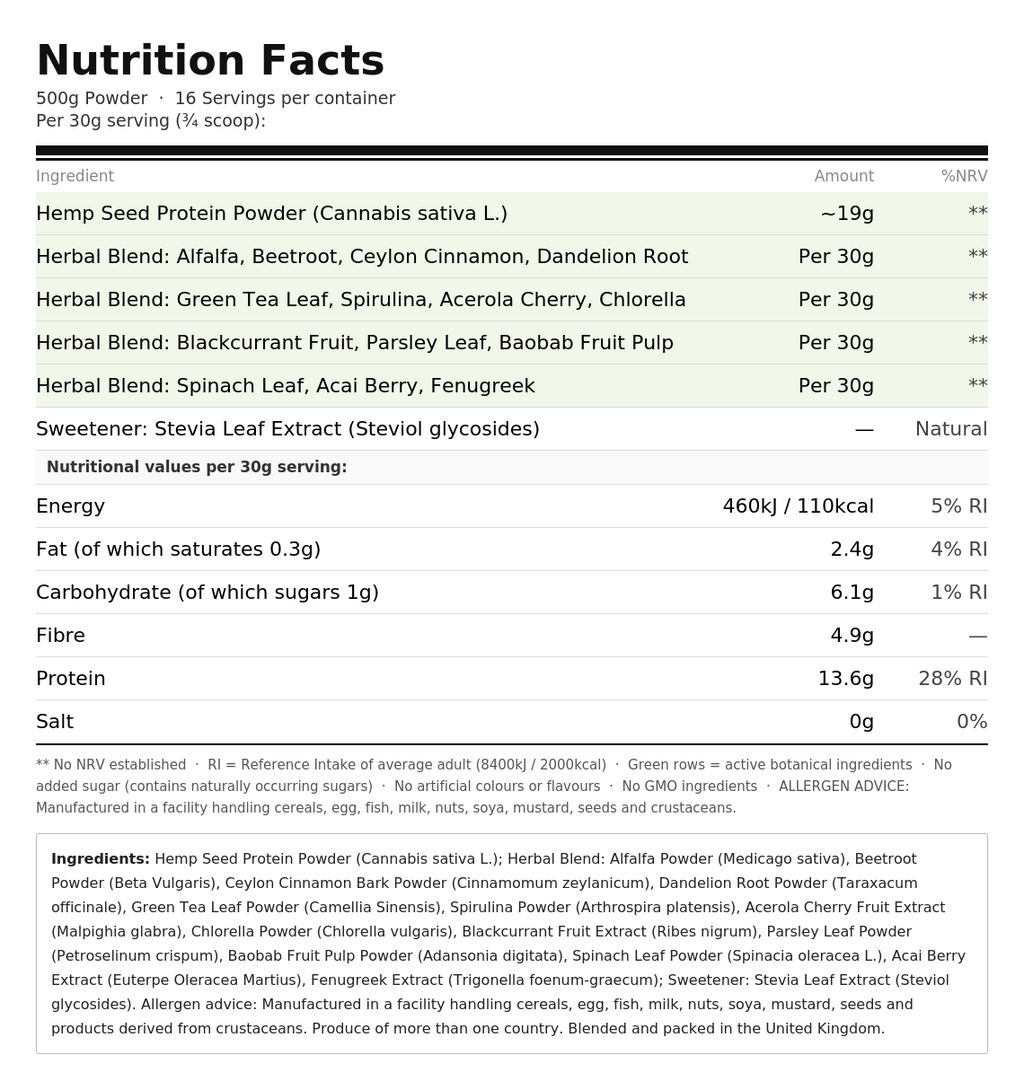 Hemp Protein – Complete Vegan Protein Powder with Superfoods & Fibre