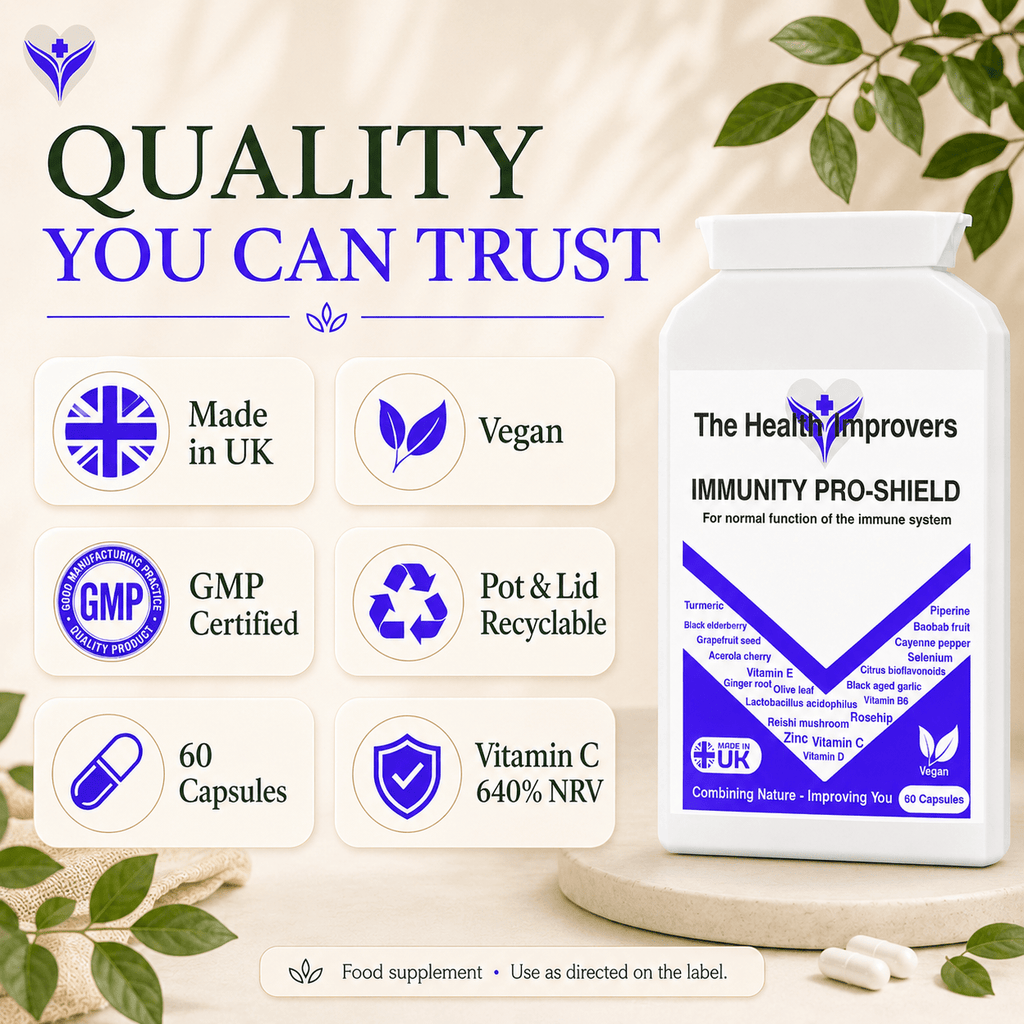 Immunity Pro-Shield quality standards, UK made, vegan and GMP certified