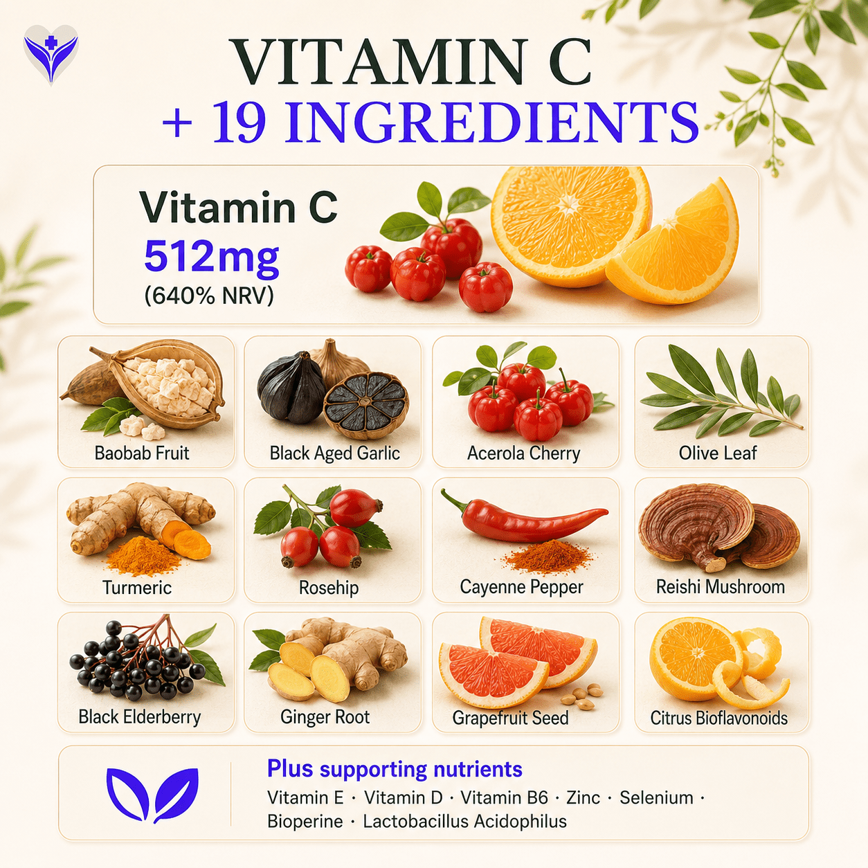 Immunity Pro-Shield with 512mg Vitamin C plus 19 supporting ingredients including acerola cherry, baobab, black aged garlic and olive leaf
