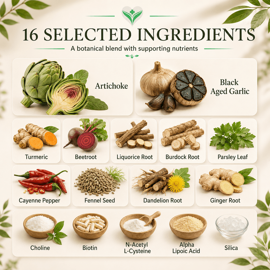 16 selected ingredients in LIVERenew including milk thistle, artichoke, choline, dandelion, beetroot, turmeric and NAC