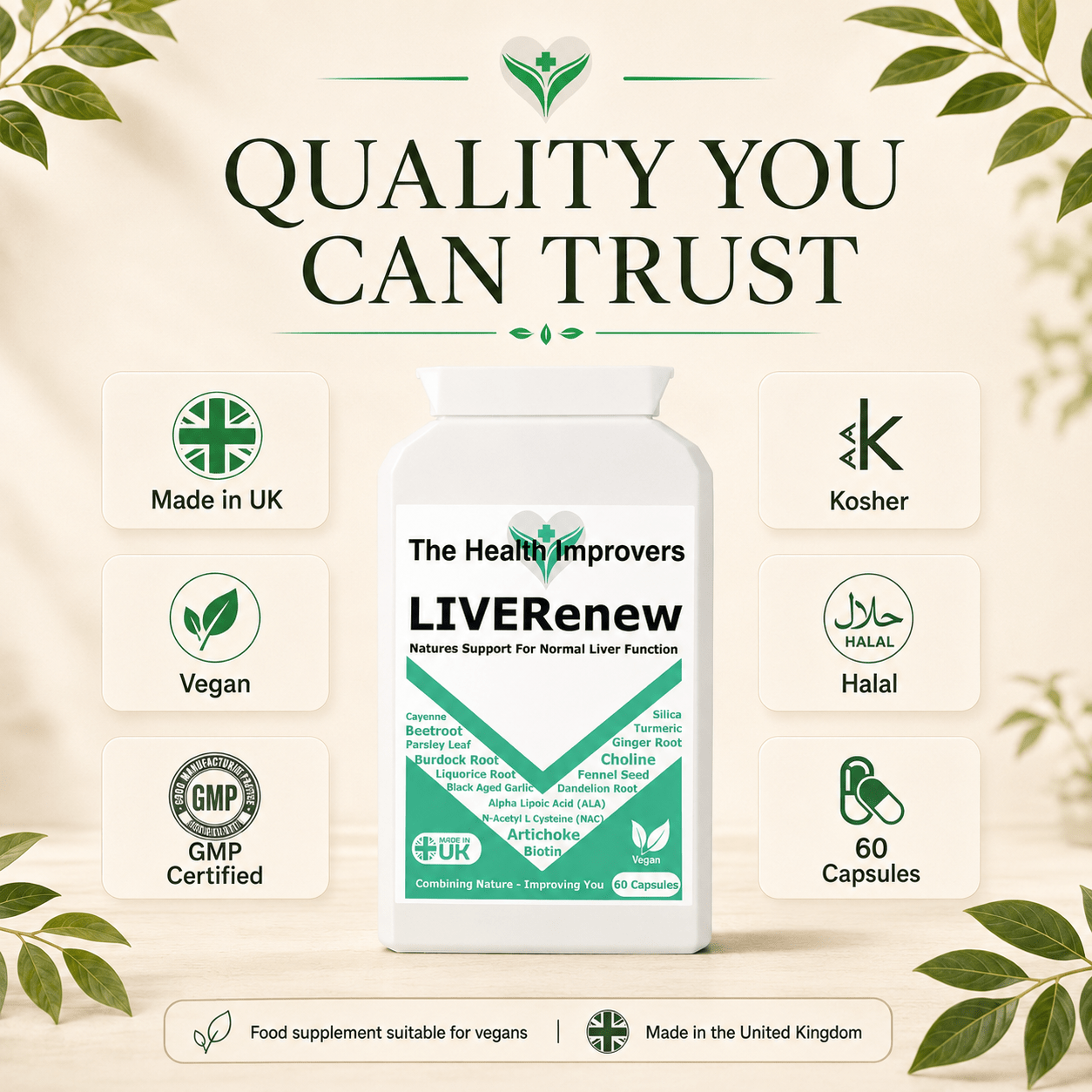 LIVERenew quality standards, UK made, vegan, kosher and halal, GMP certified
