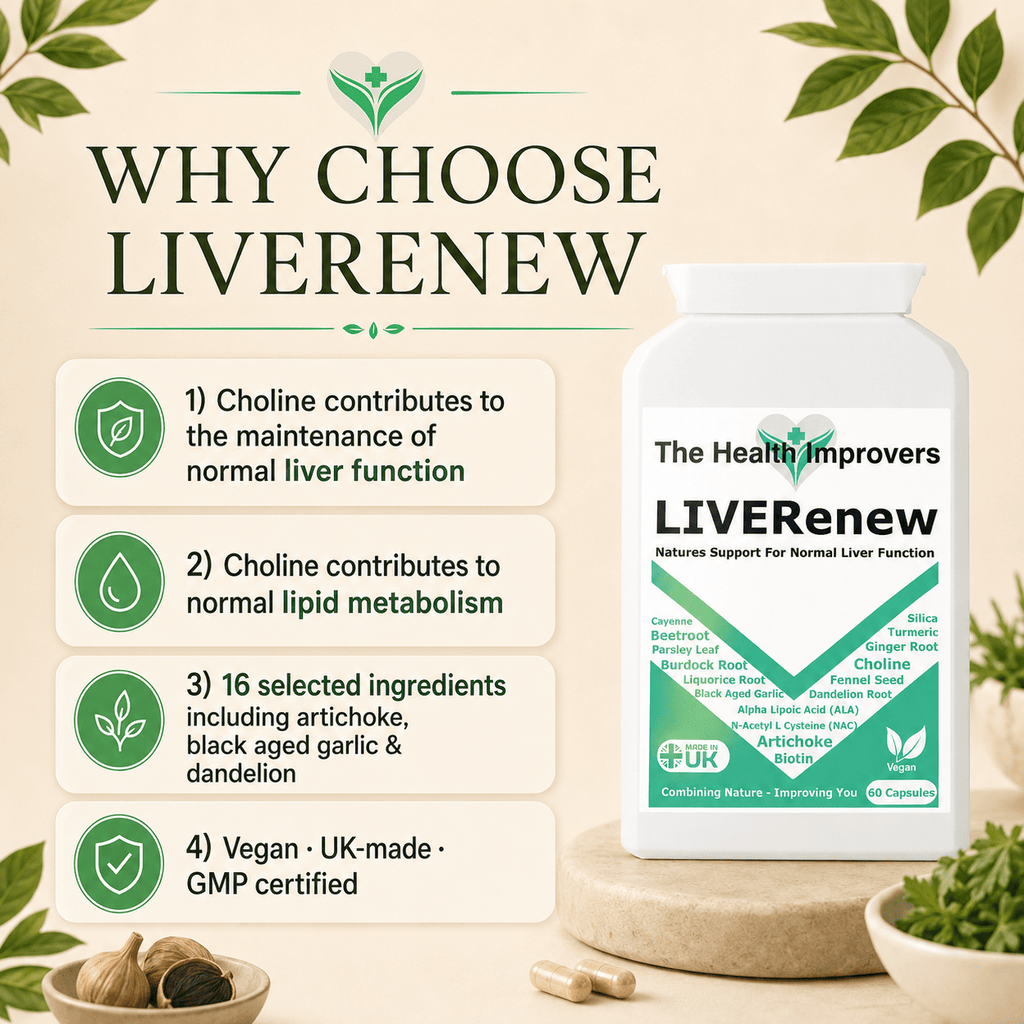 Why choose LIVERenew, choline contributes to the maintenance of normal liver function and to normal lipid metabolism, with milk thistle, artichoke and dandelion