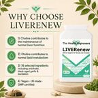 Why choose LIVERenew, choline contributes to the maintenance of normal liver function and to normal lipid metabolism, with milk thistle, artichoke and dandelion