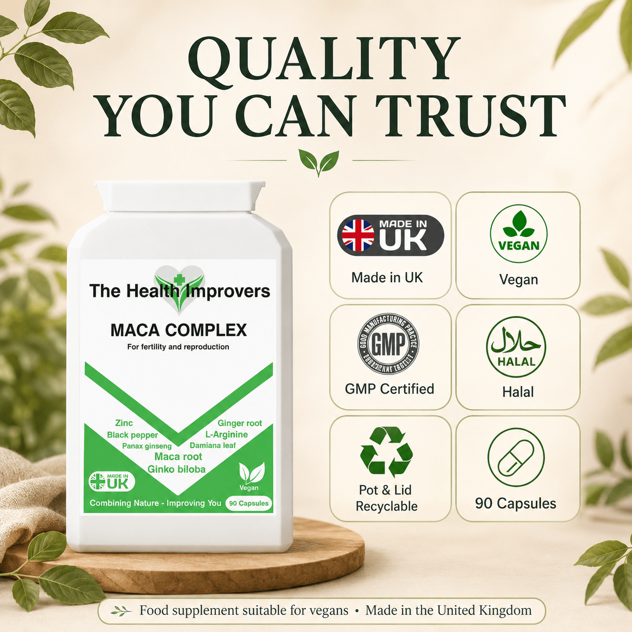 Maca Complex quality standards, UK made, vegan and GMP certified