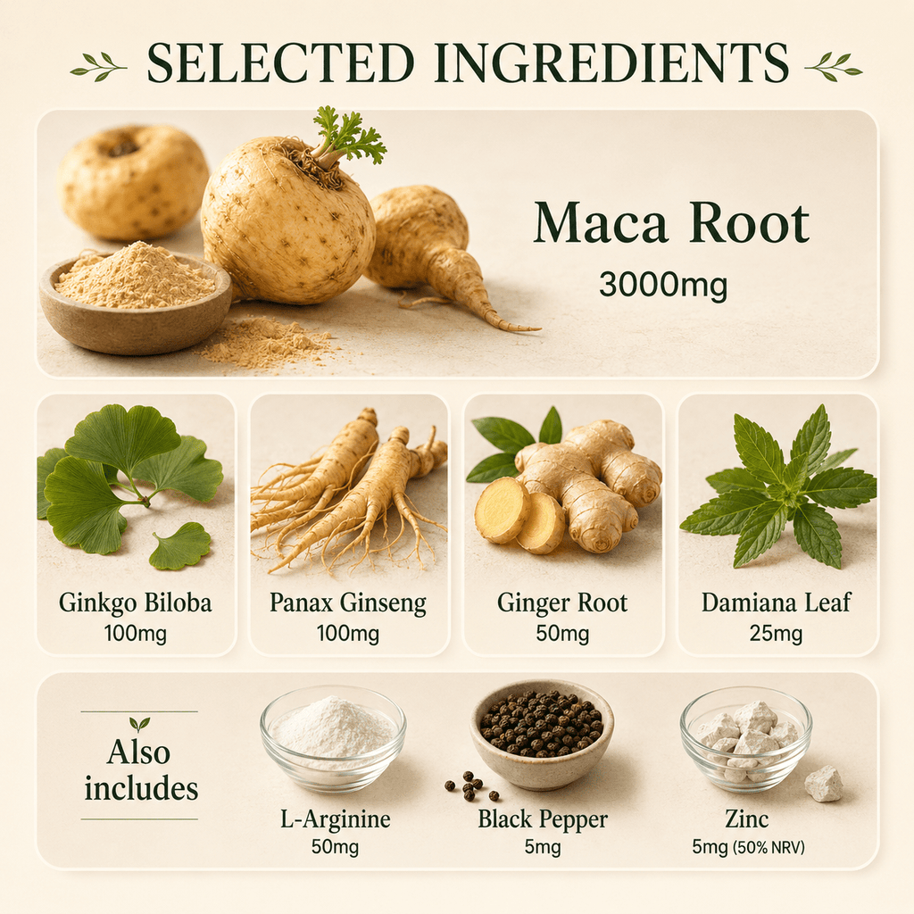 Selected ingredients in Maca Complex including maca root, zinc, L-arginine, ginkgo biloba and black pepper