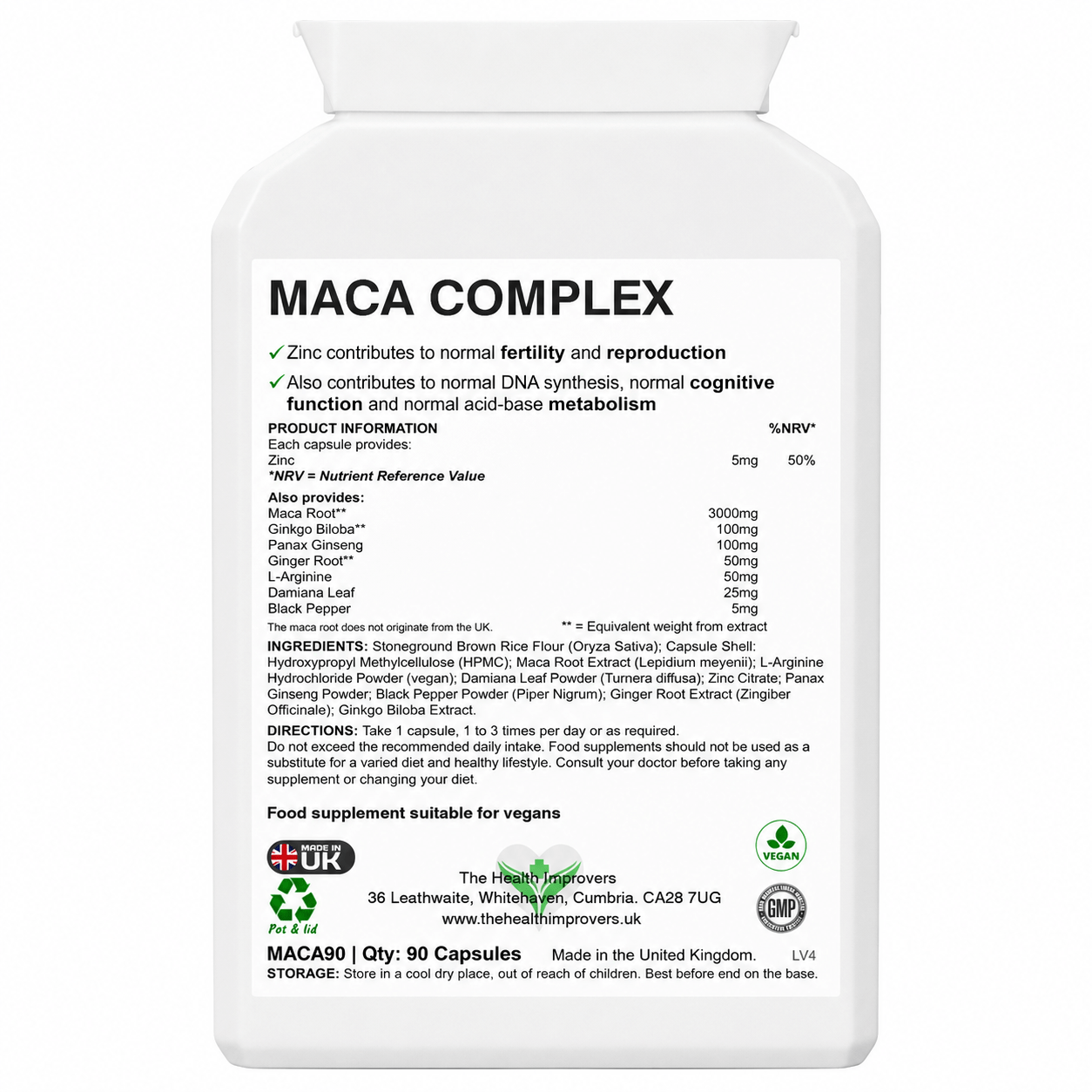 Maca Complex supplement facts and ingredients panel
