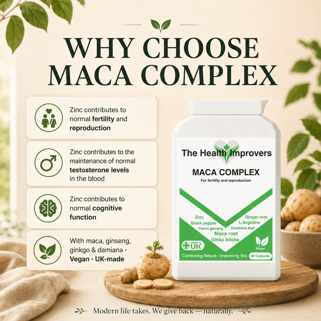 Why choose Maca Complex, zinc contributes to normal fertility and reproduction and to the maintenance of normal testosterone levels in the blood, with maca root, L-arginine and ginkgo