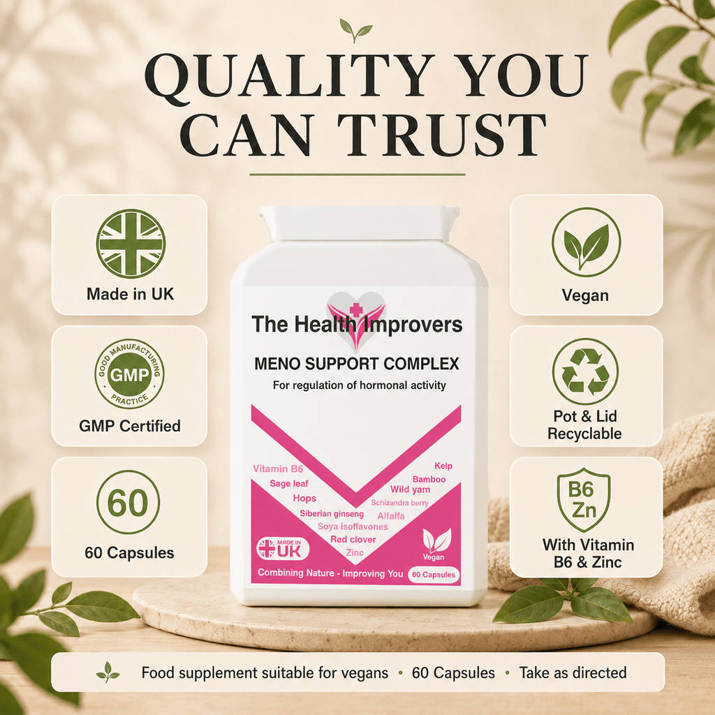 Meno Support Complex quality standards, UK made, vegan and GMP certified
