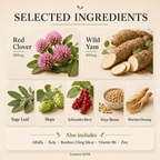 Selected ingredients in Meno Support Complex including red clover, wild yam, sage, dong quai and vitamin B6