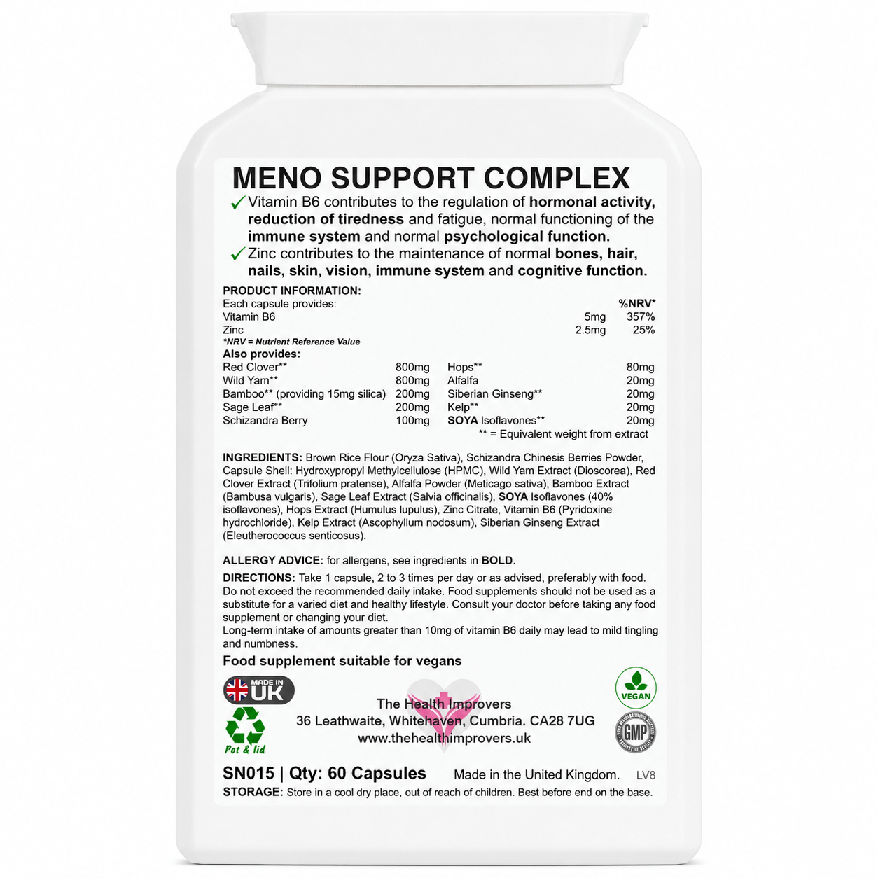 Meno Support Complex supplement facts and ingredients panel