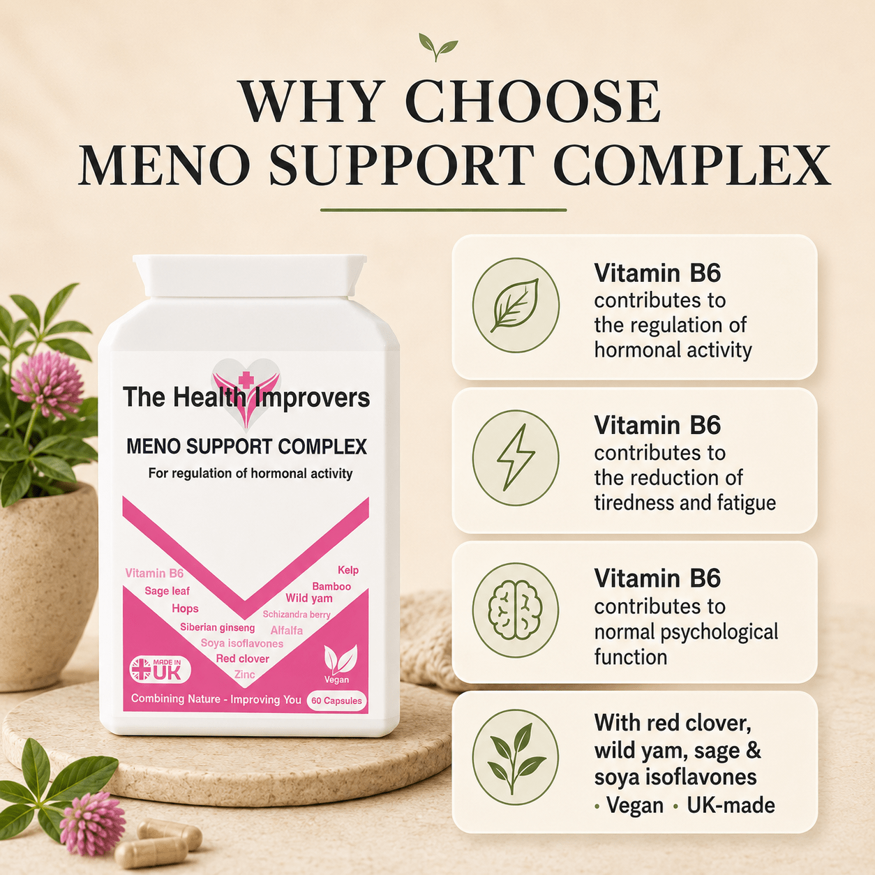 Why choose Meno Support Complex, vitamin B6 contributes to the regulation of hormonal activity and to the reduction of tiredness and fatigue, with red clover, wild yam and sage