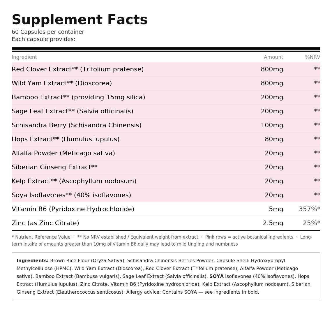 Meno Support Complex Supplement | PMS Hormonal Imbalance | Red Clover & Wild Yam