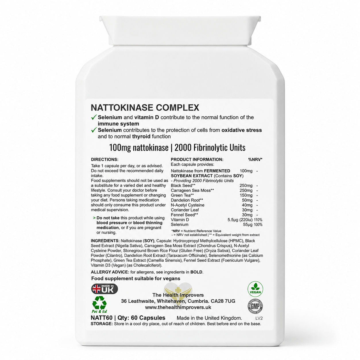 Nattokinase Complex back label with supplement facts