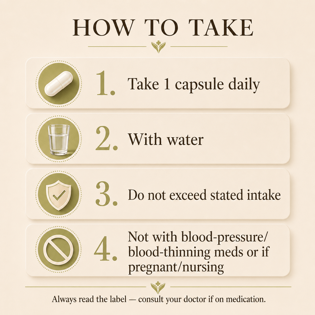 How to take Nattokinase Complex, one capsule daily with water; not to be taken with blood-pressure or blood-thinning medication or during pregnancy