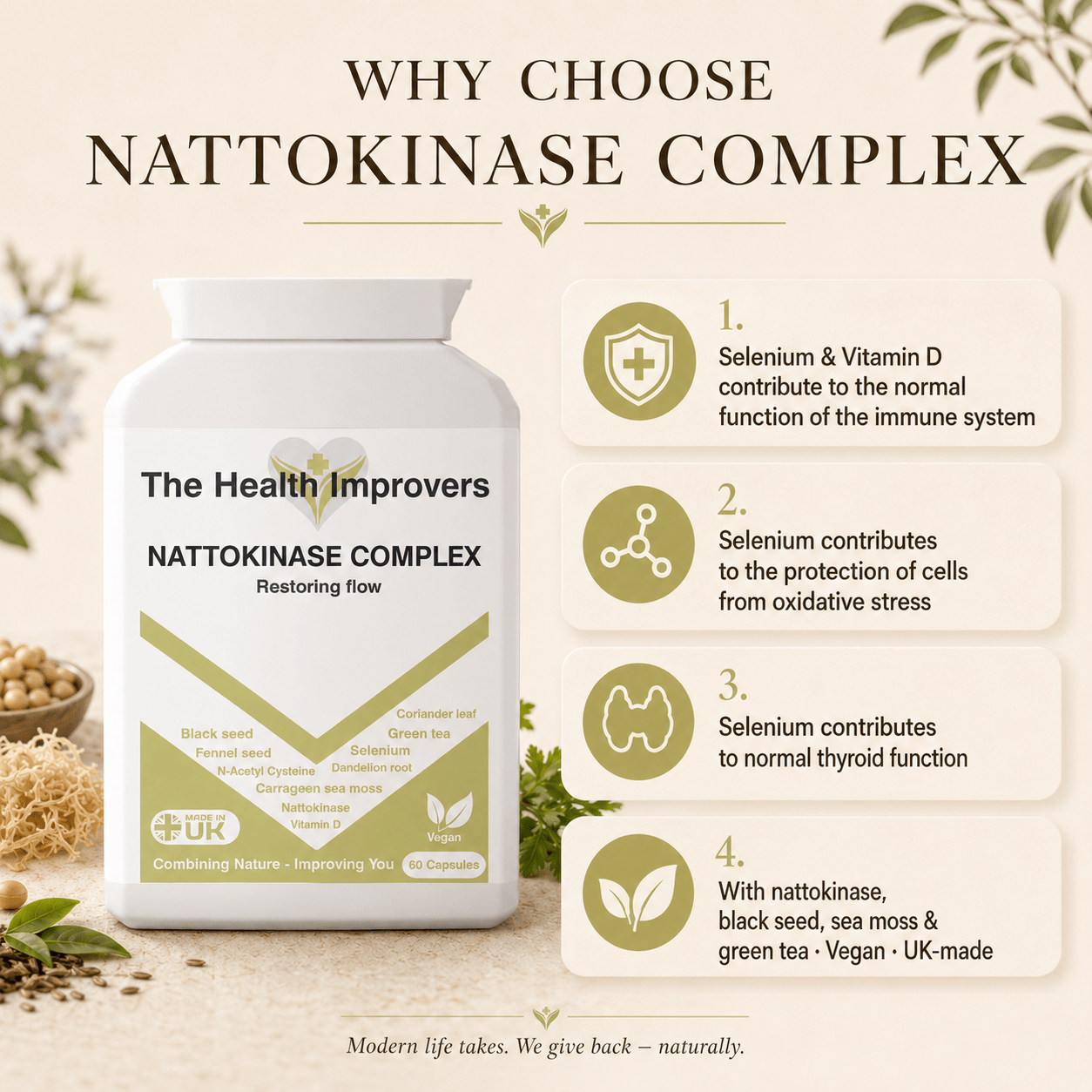 Why choose Nattokinase Complex, 100mg nattokinase per capsule with green tea and grape seed, vegan and UK made