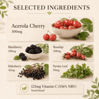 Selected ingredients in Natural Vitamin C including acerola cherry, blackcurrant, elderberry and rosehip