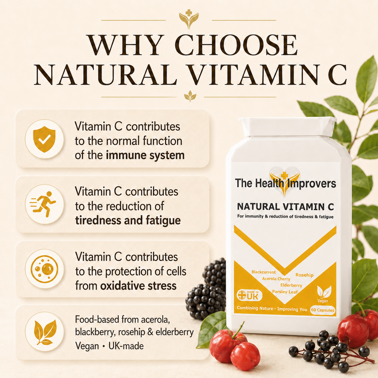 Why choose Natural Vitamin C, showing authorised vitamin C claims and the supplement bottle