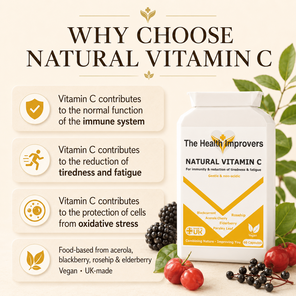 Why choose Natural Vitamin C, vitamin C contributes to the normal function of the immune system and to the reduction of tiredness and fatigue, from a gentle non-acidic whole food source