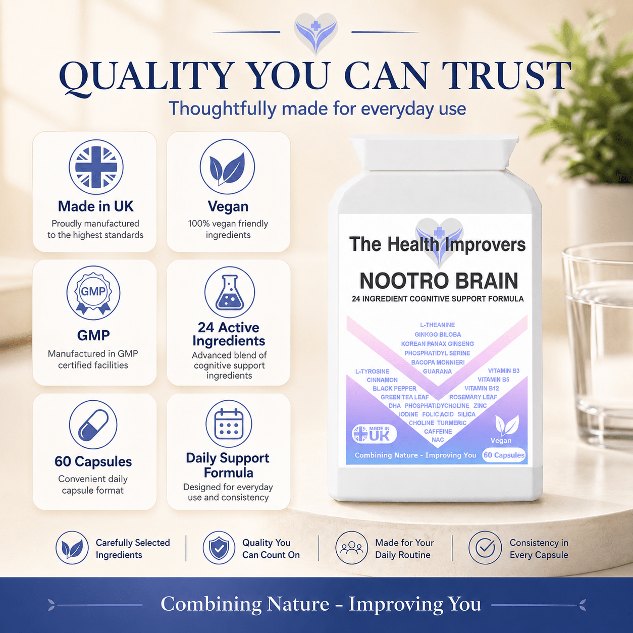 Nootro Brain quality standards, UK made, vegan and GMP certified, 24 active ingredients