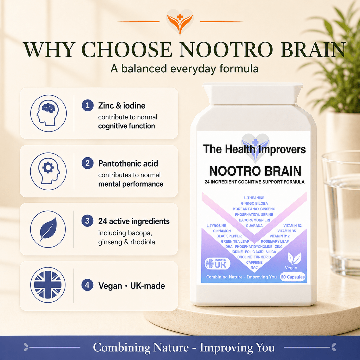 Why choose Nootro Brain, zinc and iodine contribute to normal cognitive function and pantothenic acid to normal mental performance, with 24 active ingredients
