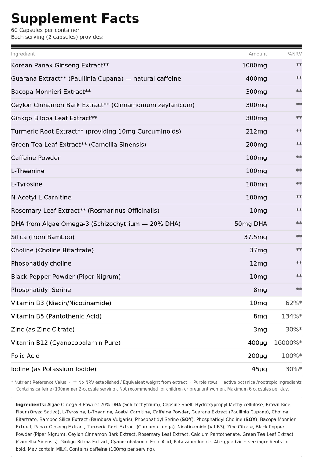 Supplement facts label with various ingredients and their amounts on a white background