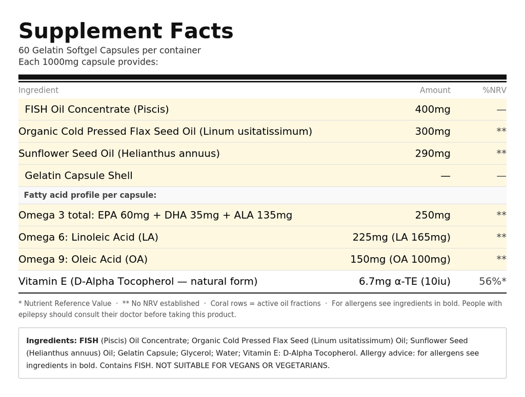 Omega 3 6 9 Complex - front of bottle - UK made vegan supplement