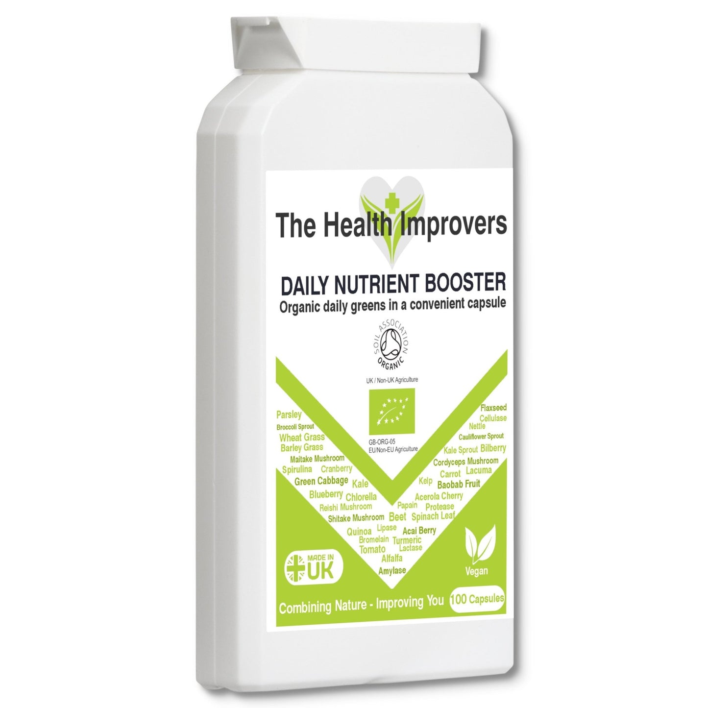 Organic Daily Greens Nutrient Booster with 35 X Superfood Blend Vegan Capsules with Digestive Enzymes - The Health Improvers