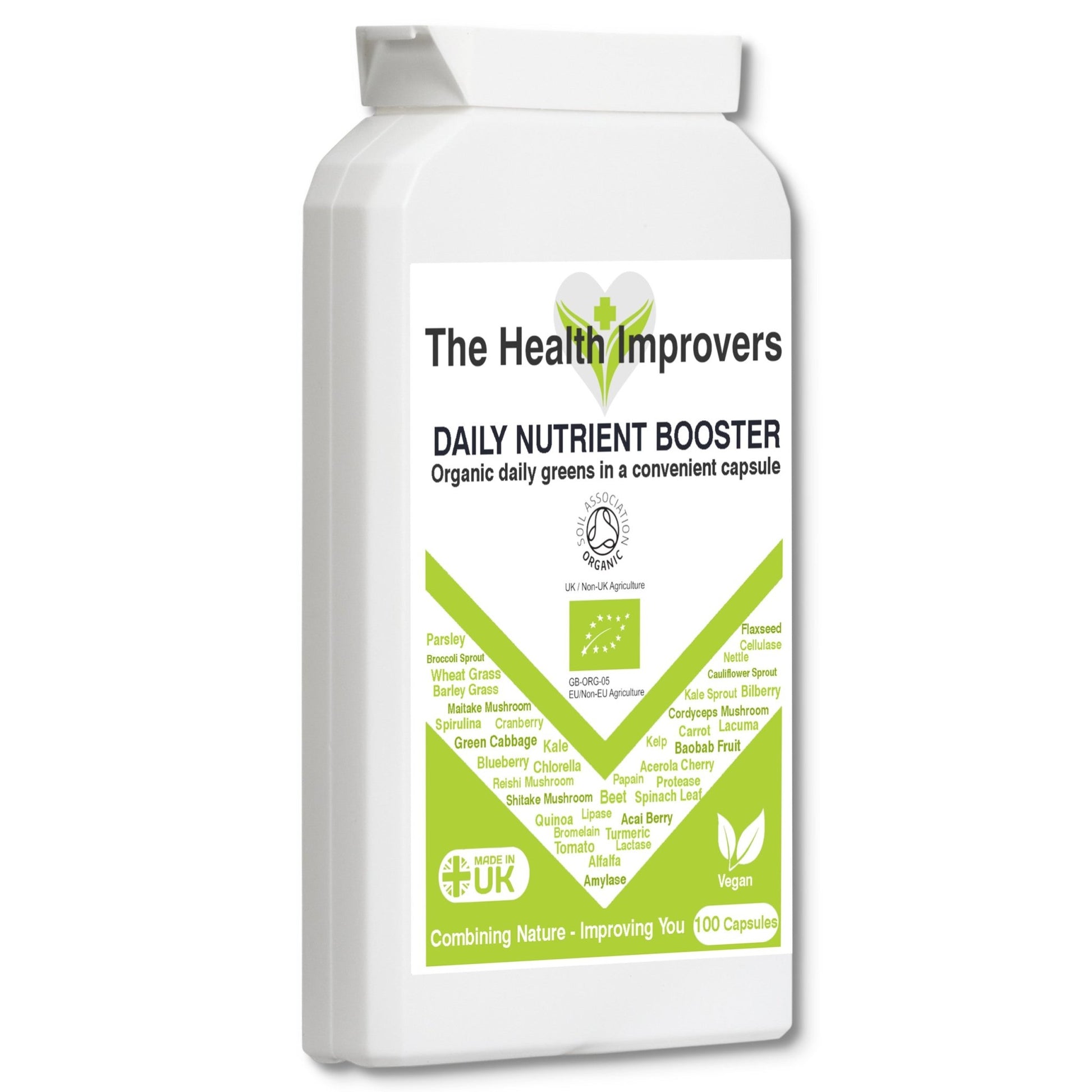 Organic Daily Greens Nutrient Booster with 35 X Superfood Blend Vegan Capsules with Digestive Enzymes - The Health Improvers