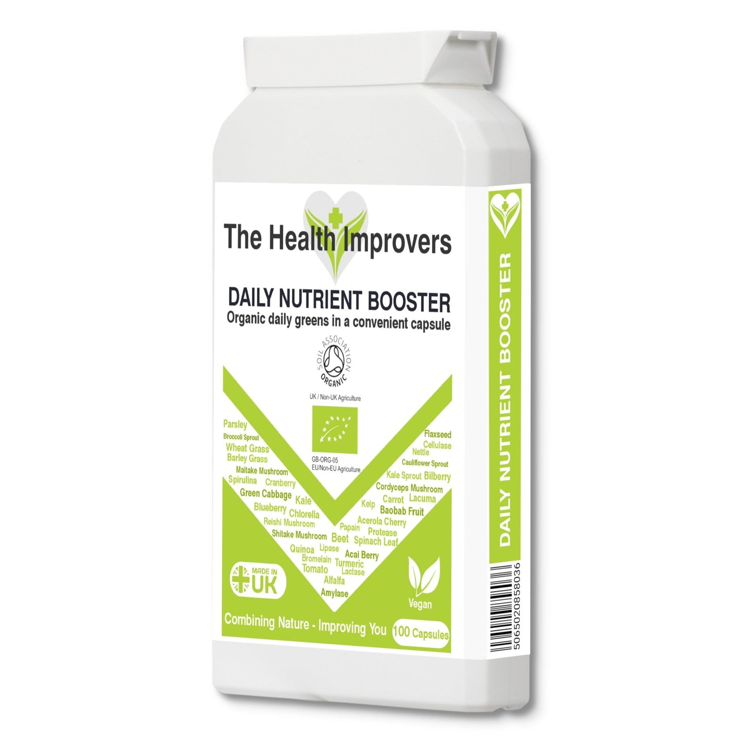 Organic Daily Greens Nutrient Booster with 35 X Superfood Blend Vegan Capsules with Digestive Enzymes - The Health Improvers