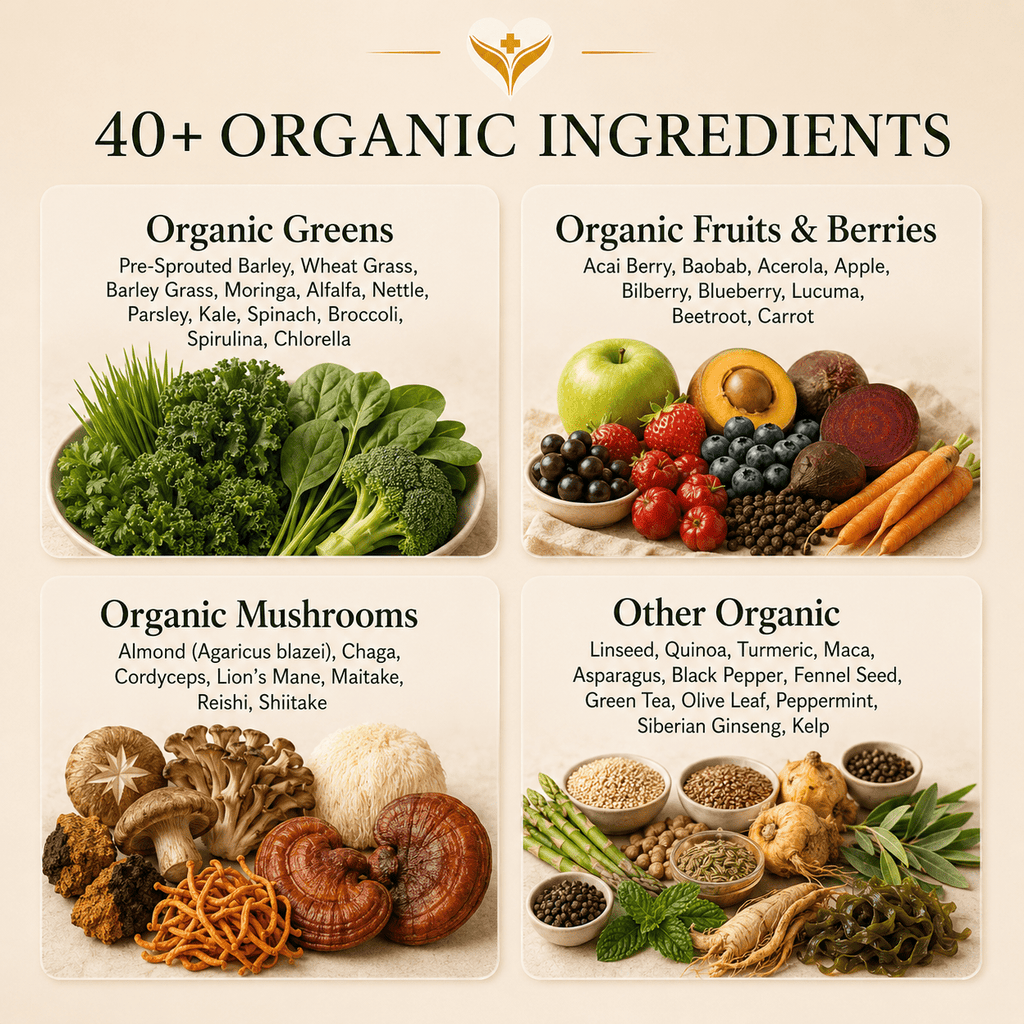 What's inside Daily Nutrient Booster, 40+ organic greens, fruits, berries and mushrooms