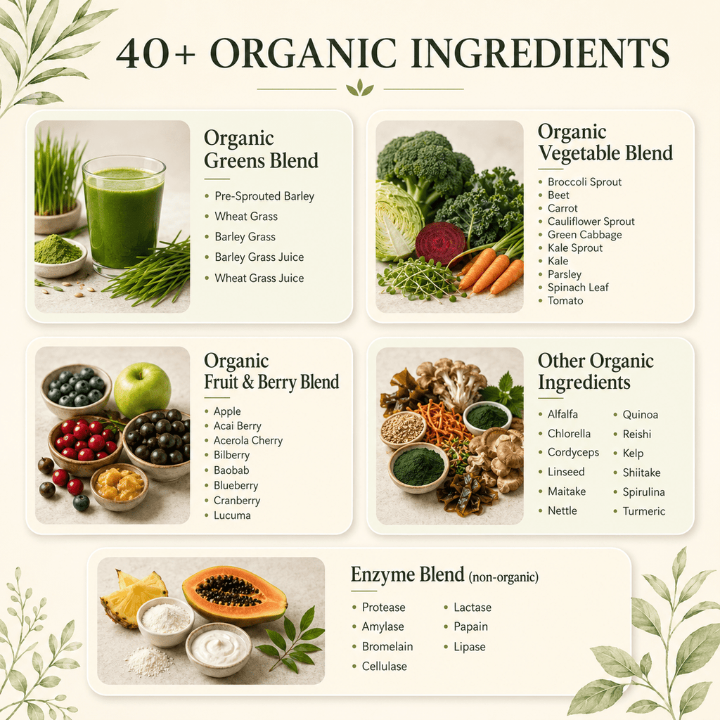 Over 40 organic ingredients in the Daily Nutrient Booster including organic greens, fruits, seeds, mushrooms and digestive enzymes