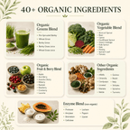 Over 40 organic ingredients in the Daily Nutrient Booster including organic greens, fruits, seeds, mushrooms and digestive enzymes
