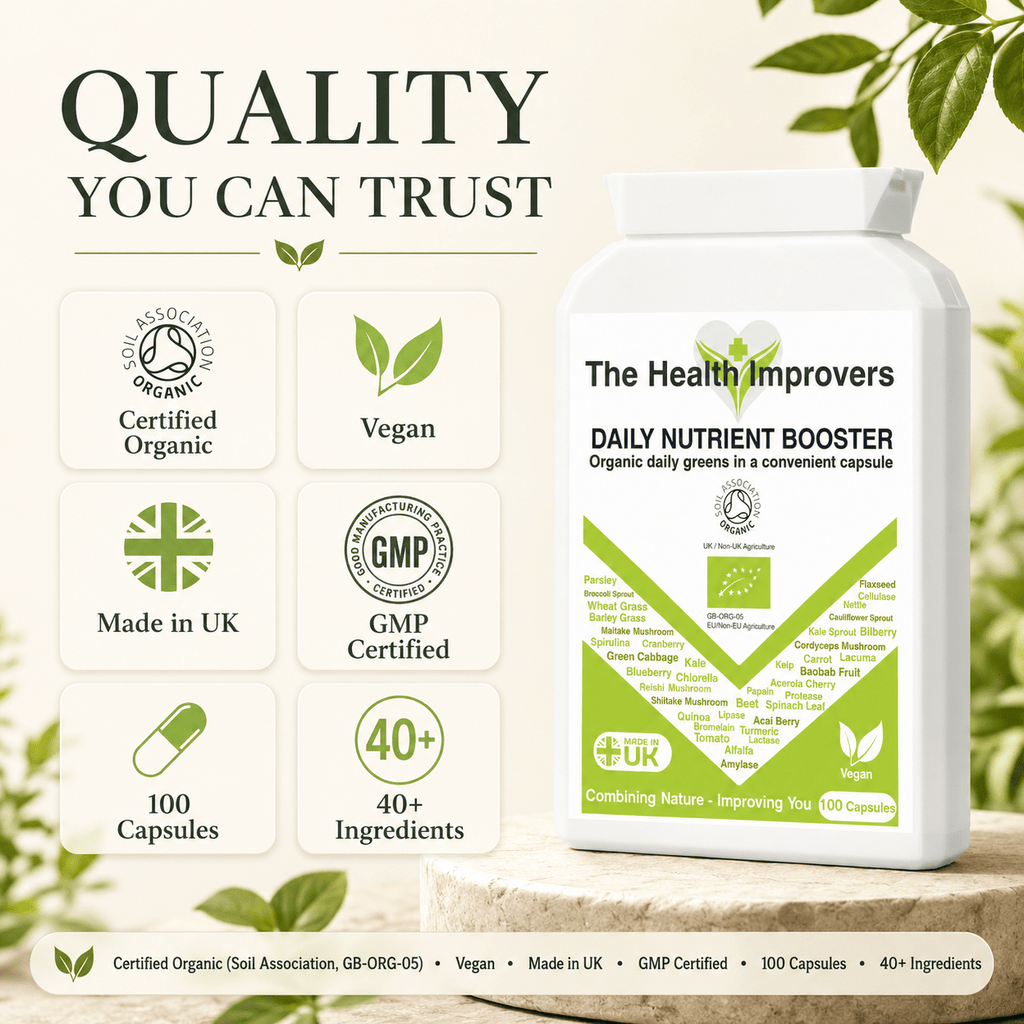 Organic Daily Nutrient Booster quality standards, UK made, vegan and GMP certified