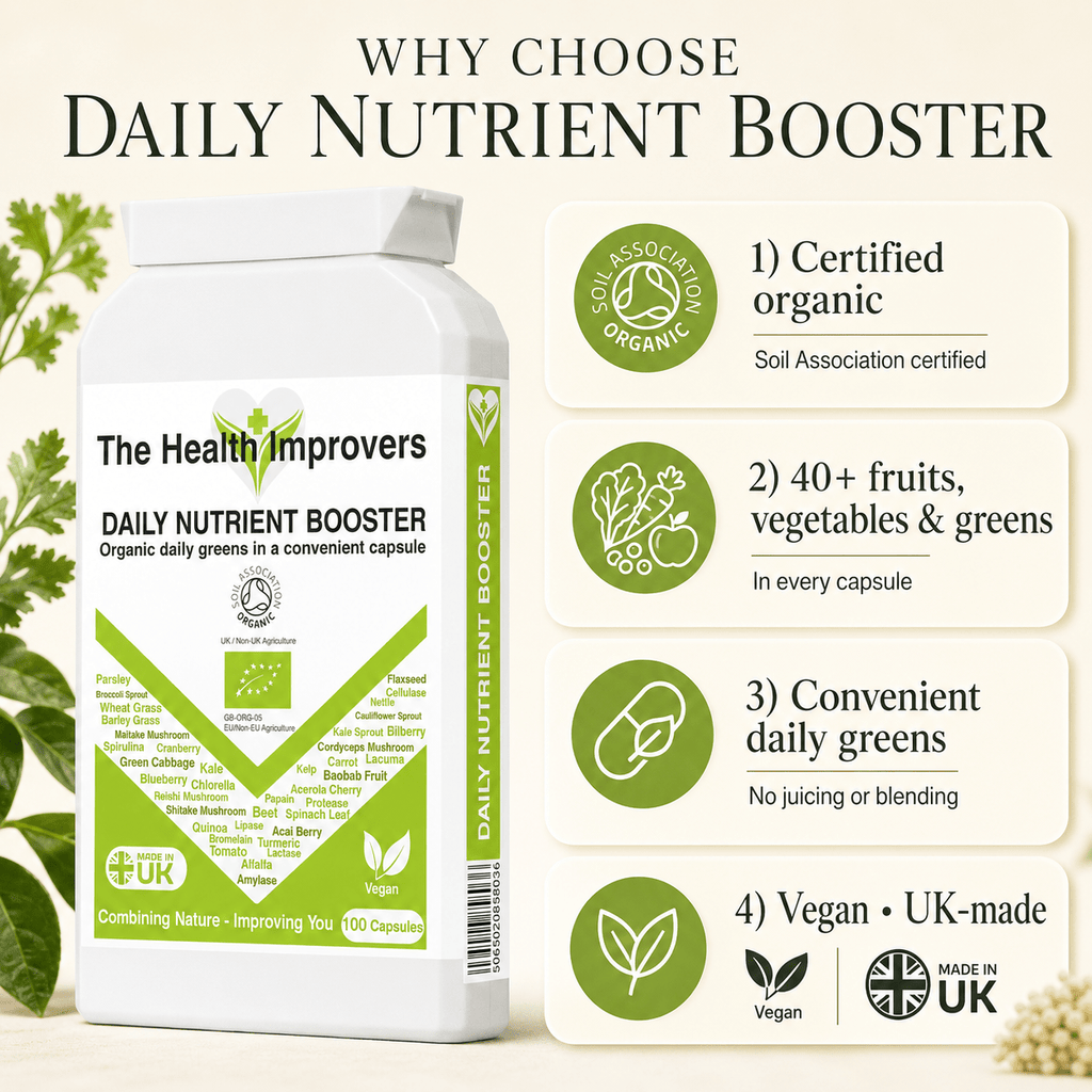 Why choose Organic Daily Nutrient Booster, a whole-food blend of organic greens, fruits, seeds and enzymes in a convenient daily capsule